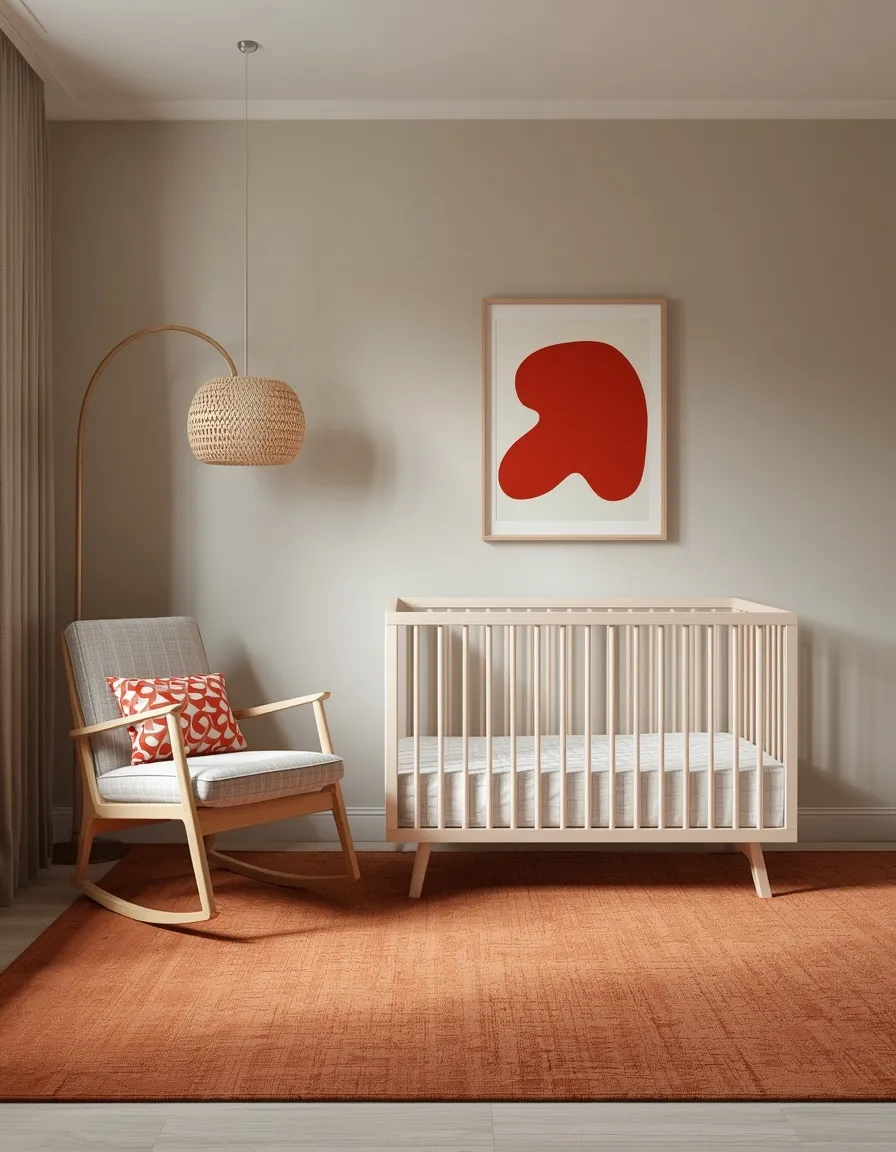 Nursery with red accents and bare crib