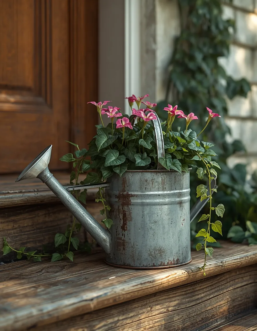 Rusty watering can planted with trailing flowers