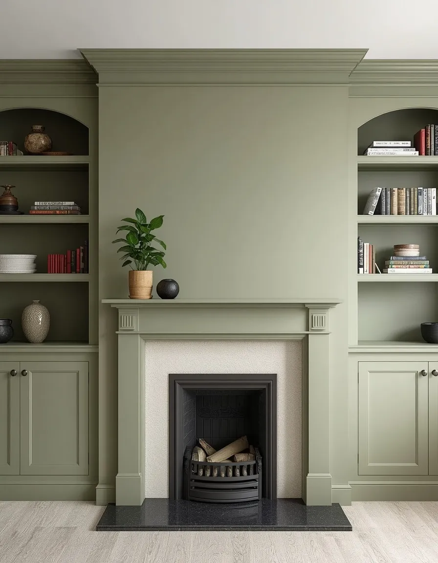 Sage green fireplace with built-ins