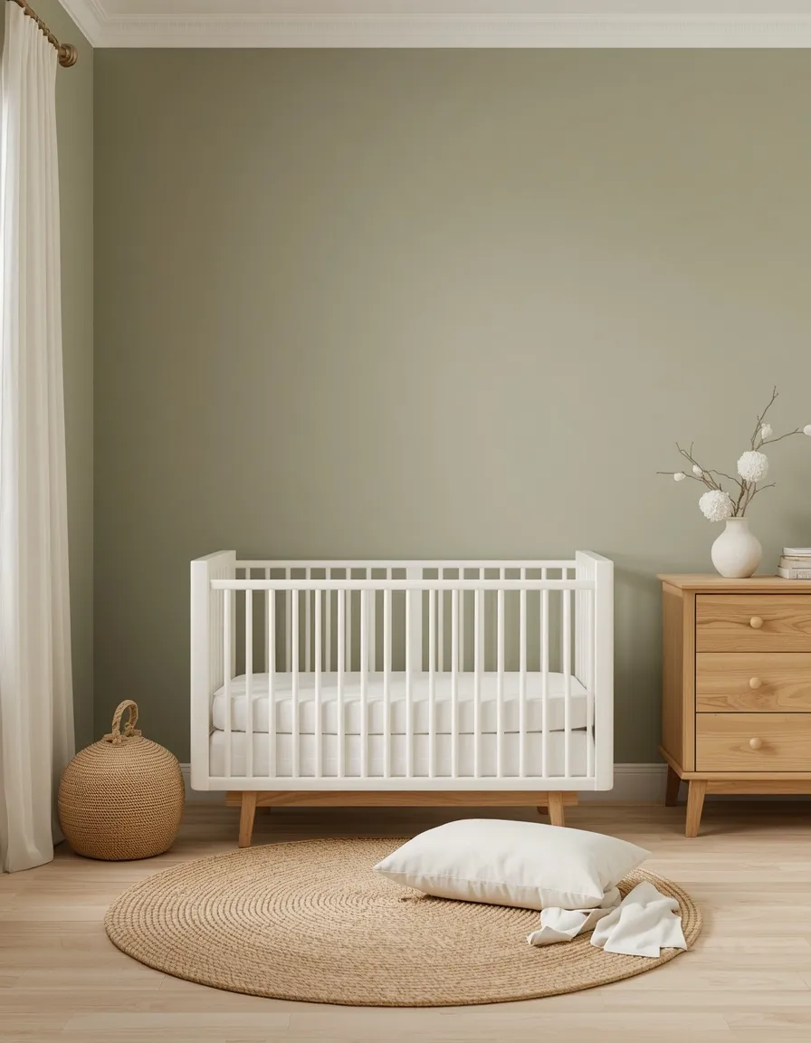 Sage green nursery with oak furniture