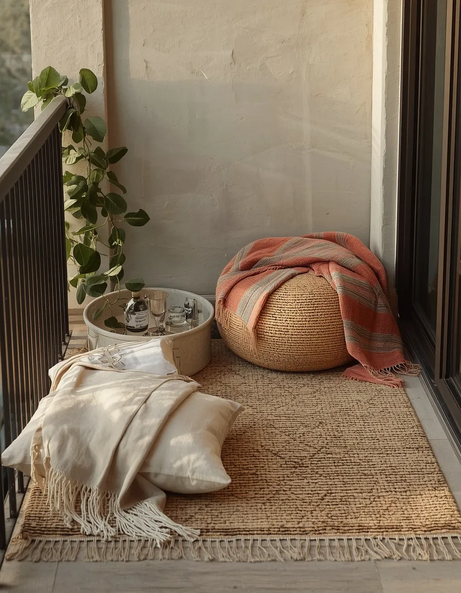 Boho lounge corner on apartment balcony