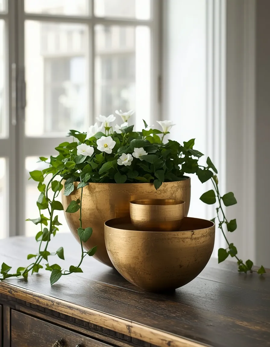 Brass antique planter bowls with spring blooms