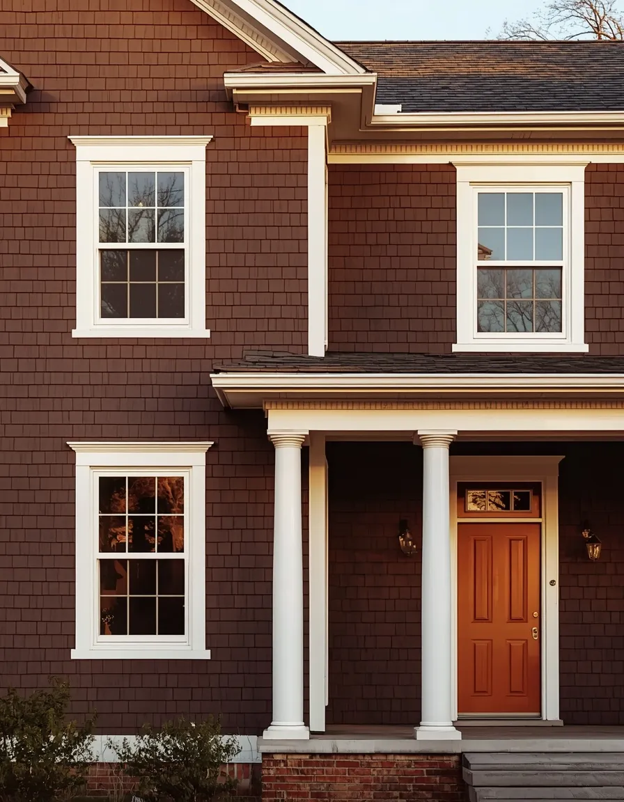 Brown house exterior with white trim
