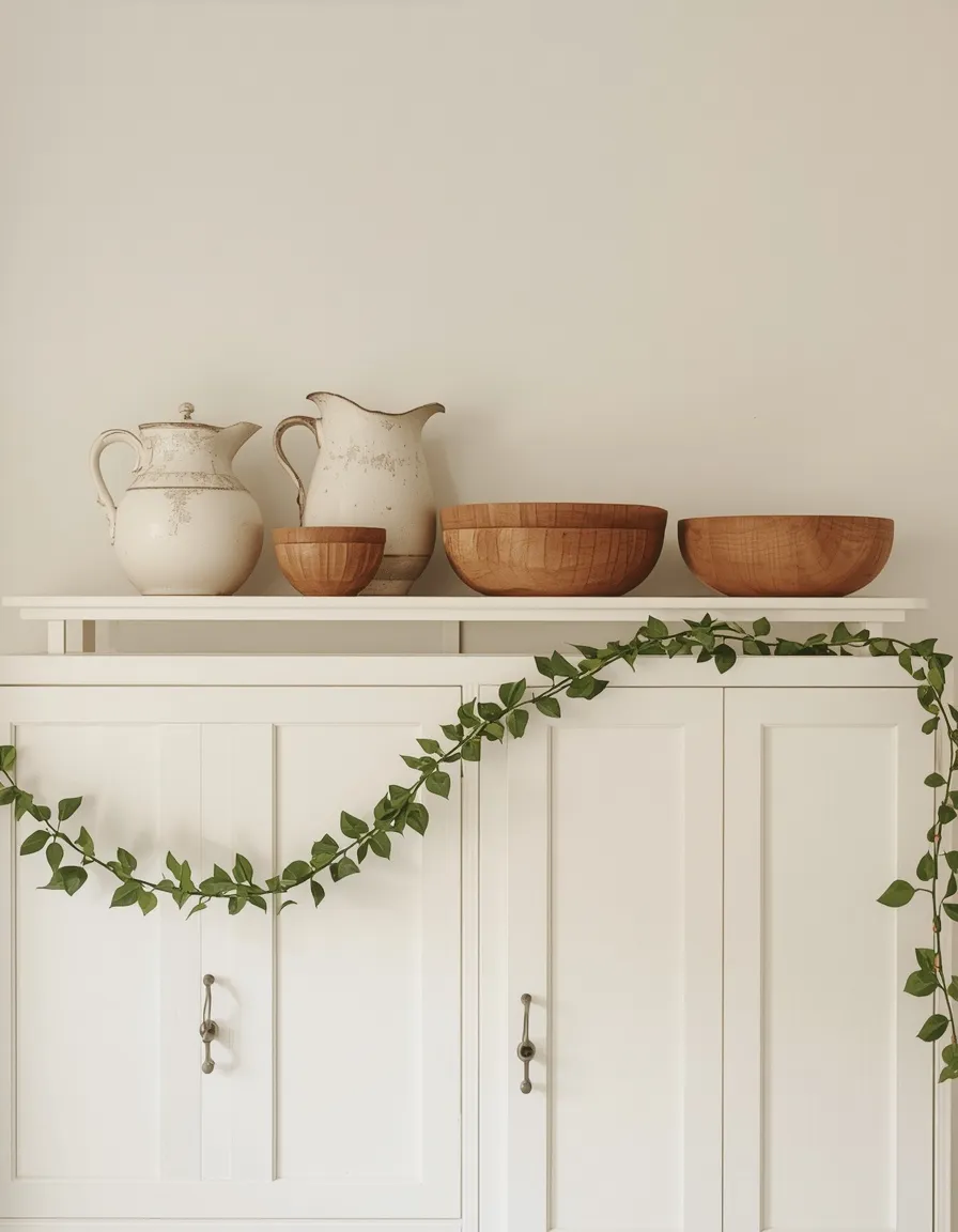 Farmhouse greenery styled above kitchen cabinets