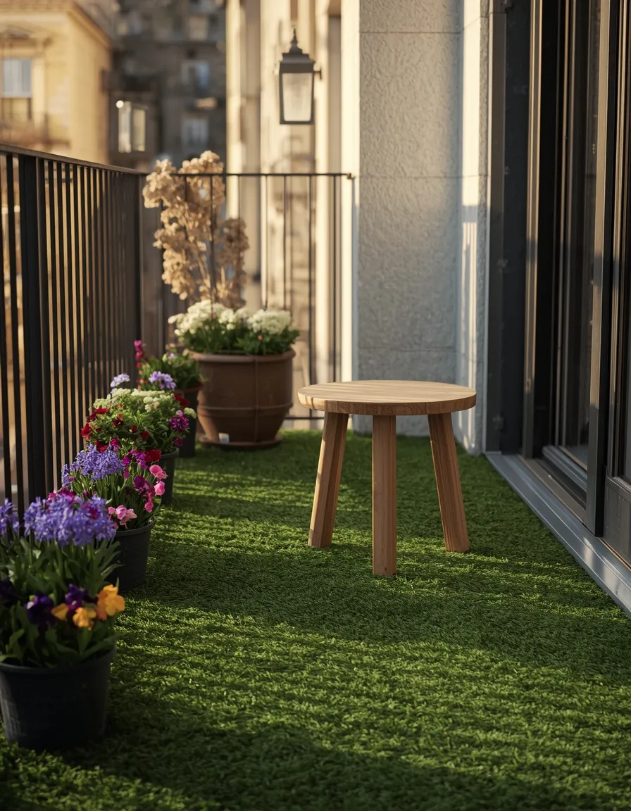 Faux grass balcony floor with spring flower pots