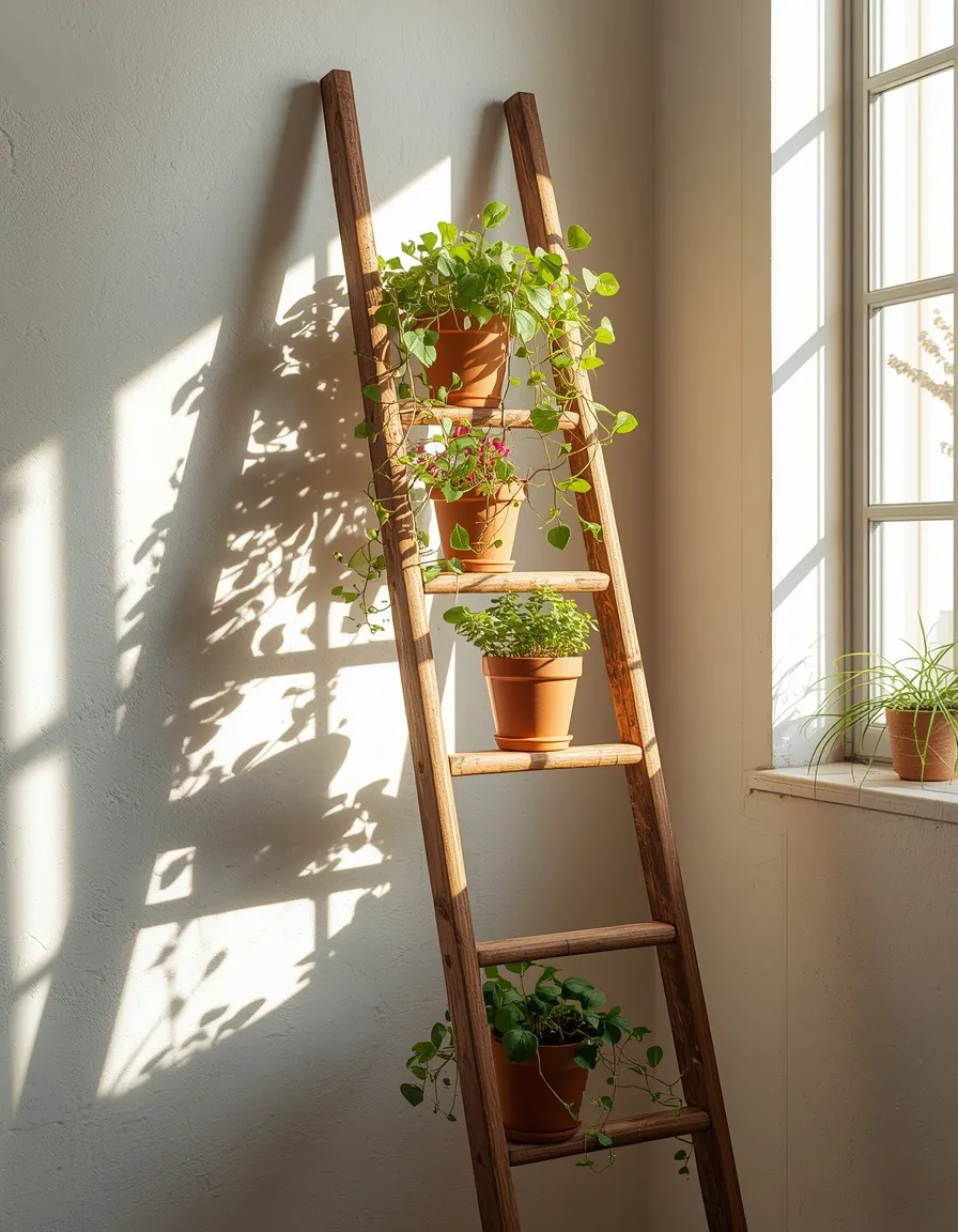 Wooden ladder flower rack idea for indoors
