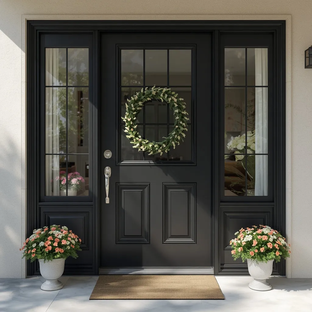 Black door with glass windows summer decor