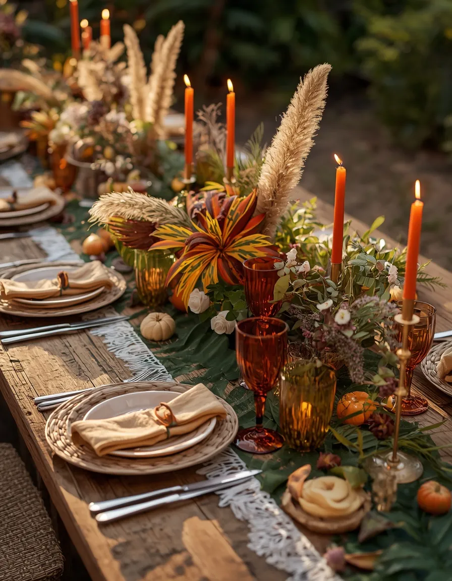 Bohemian tropical party table setup