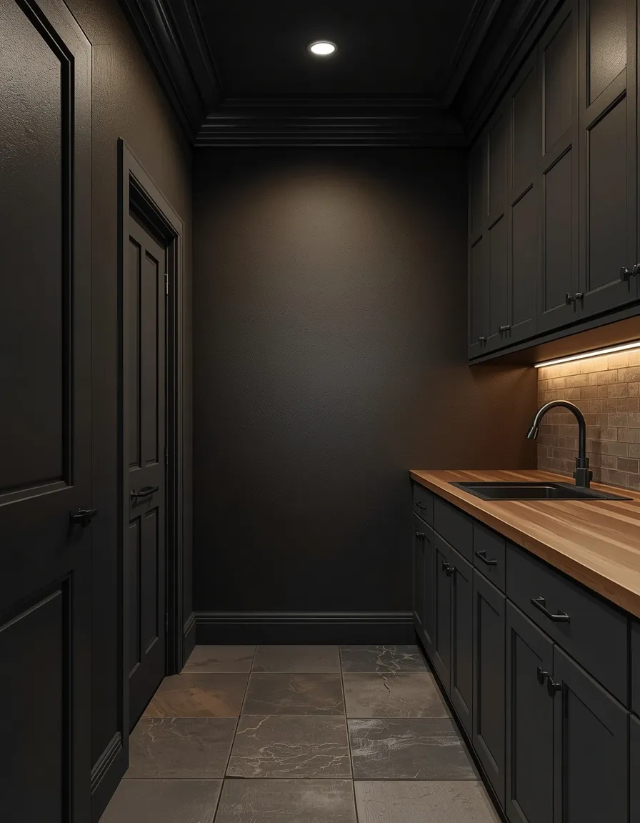 Color drenched charcoal laundry room