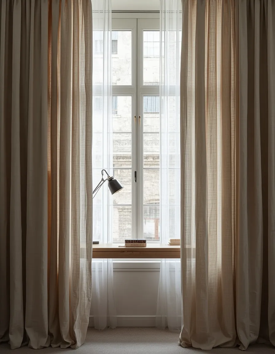 Desk framed by window curtains
