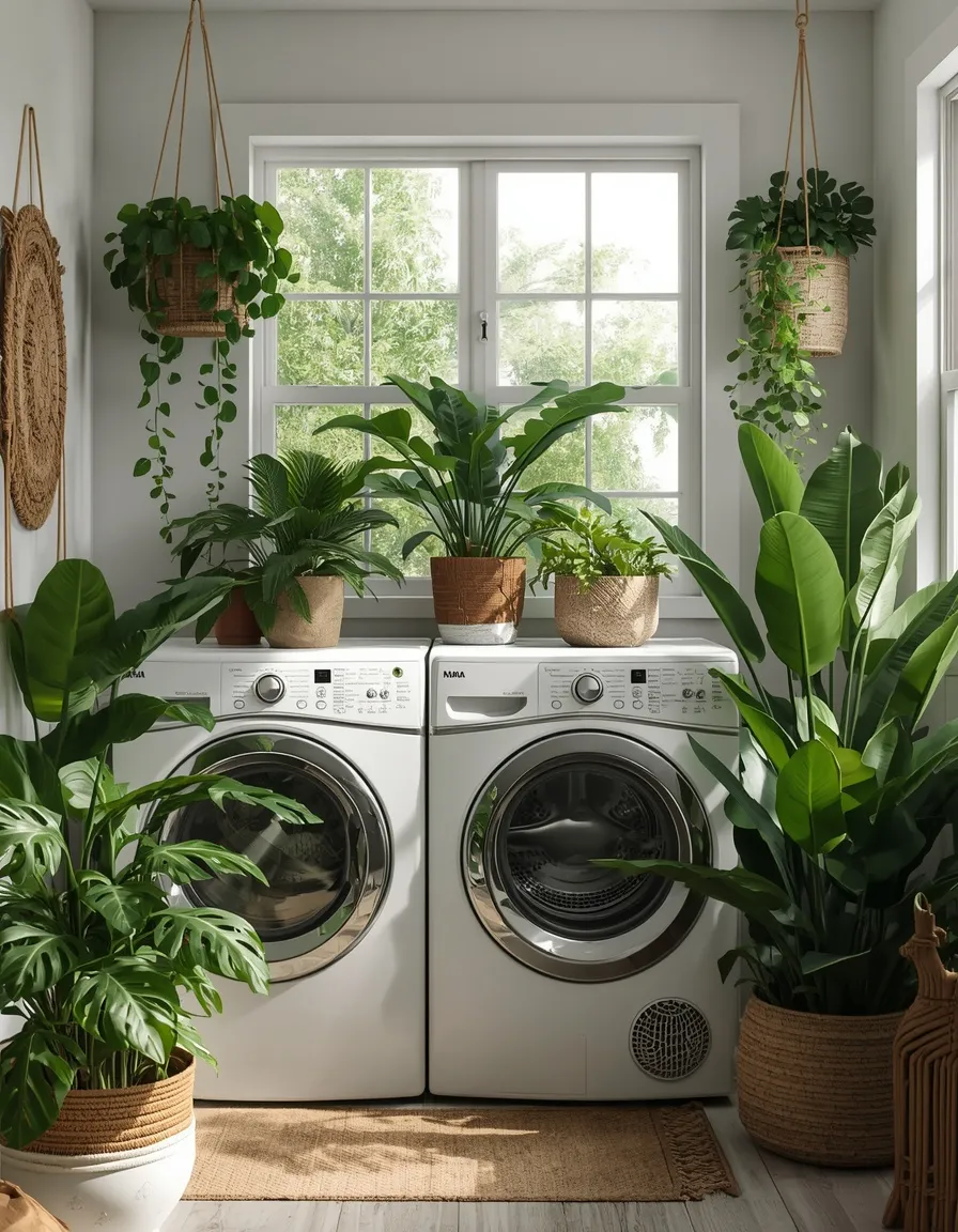 Jungle boho plant laundry room