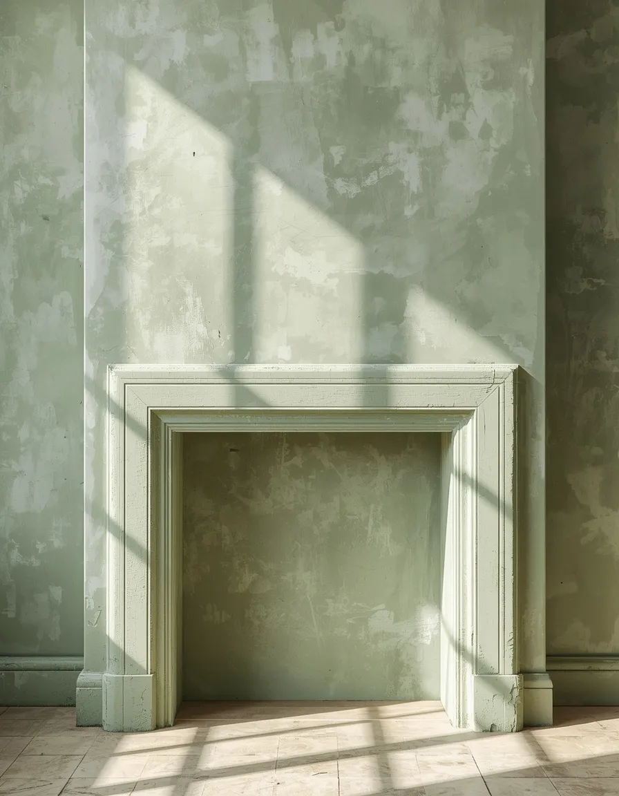 Limewashed sage green fireplace