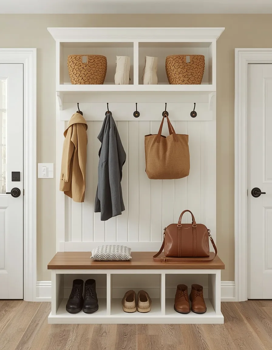 Mudroom bench with dual-height hooks