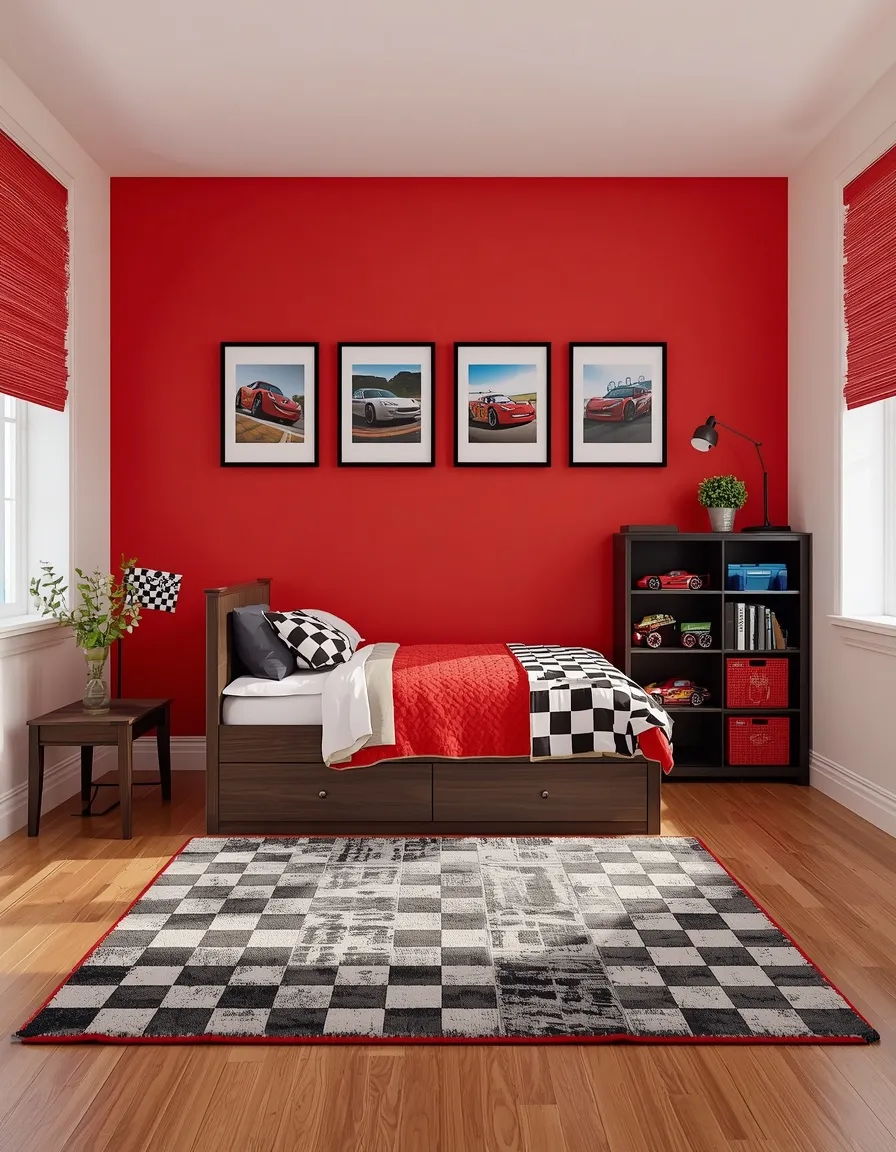 Racing themed red boys room