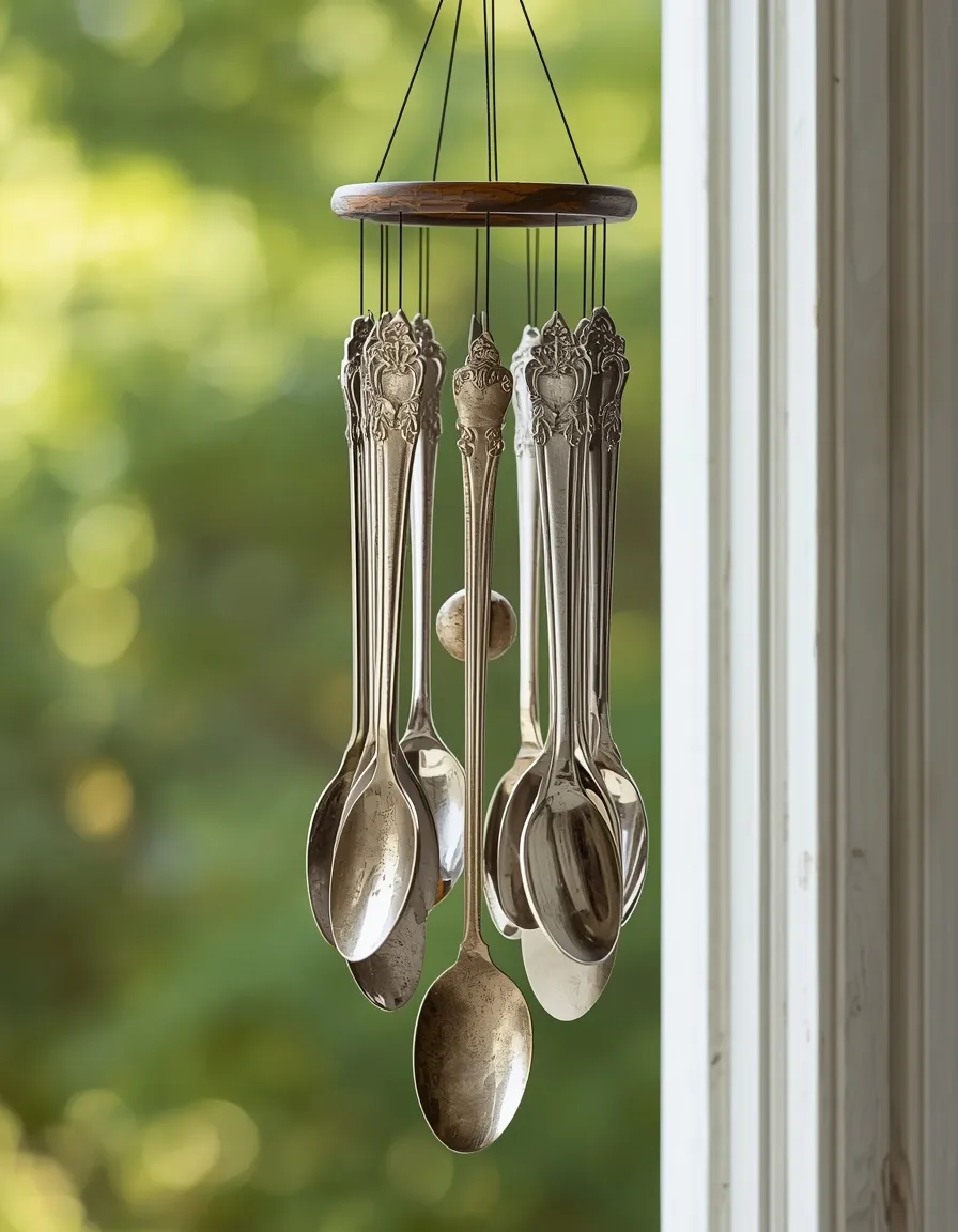 Silverware wind chime hanging on porch