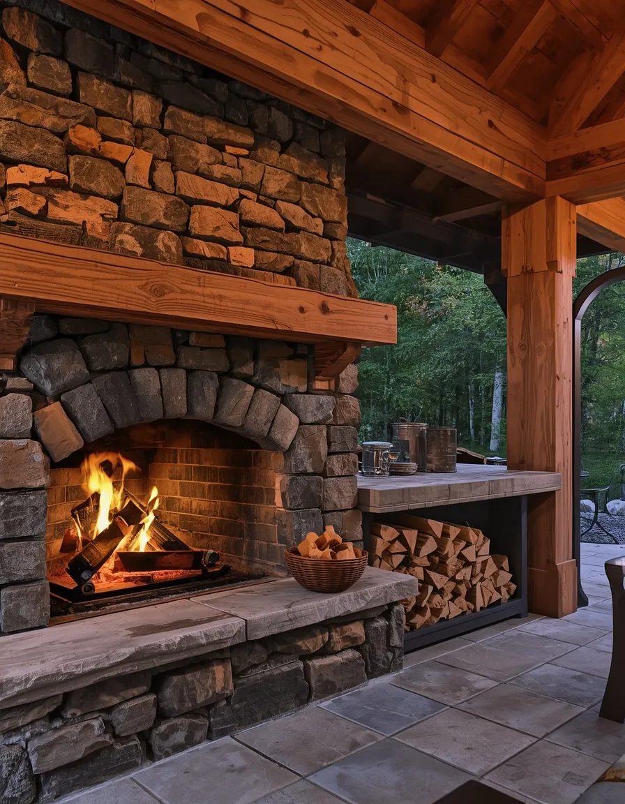 Stone fireplace with built-in log store
