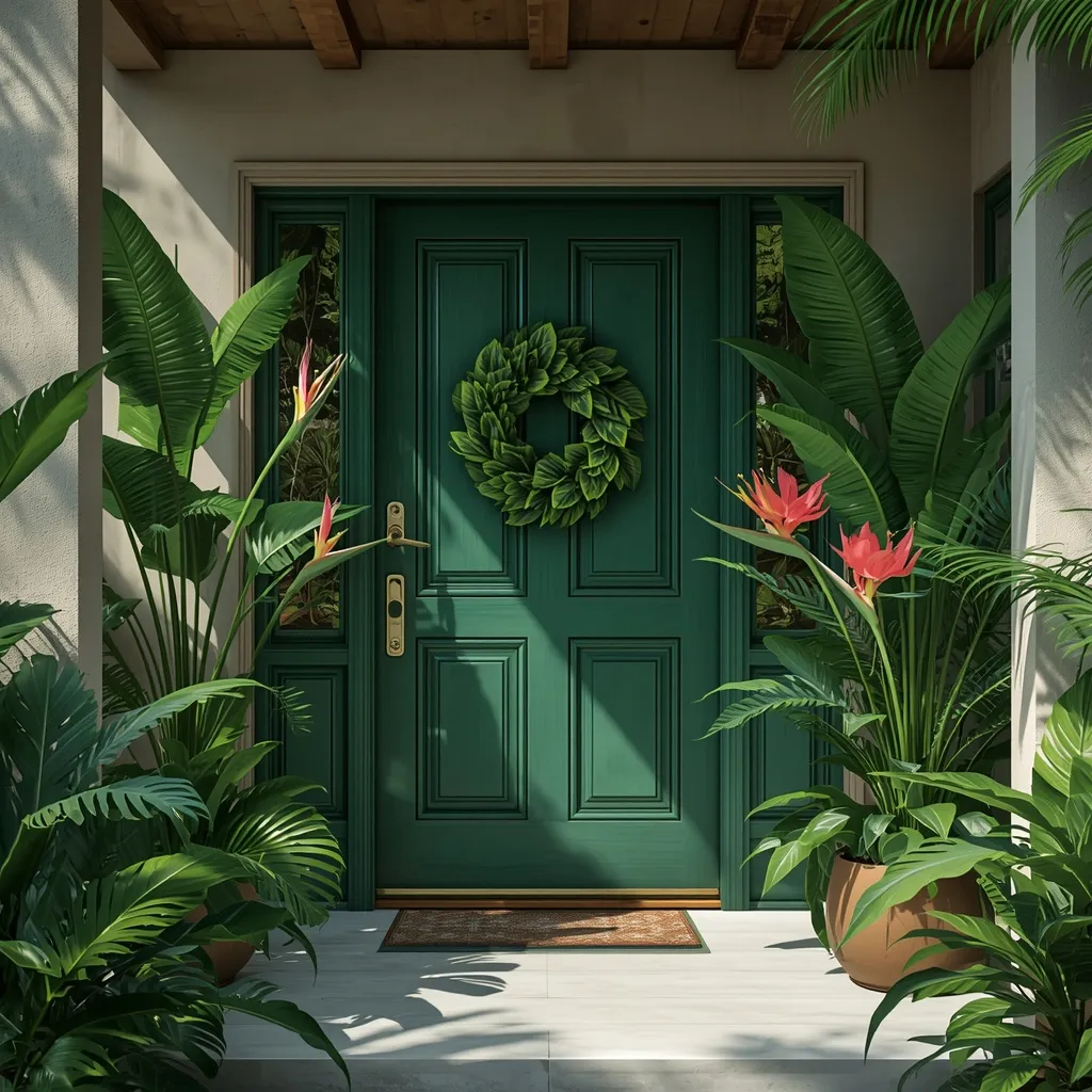 Tropical greenery summer front door