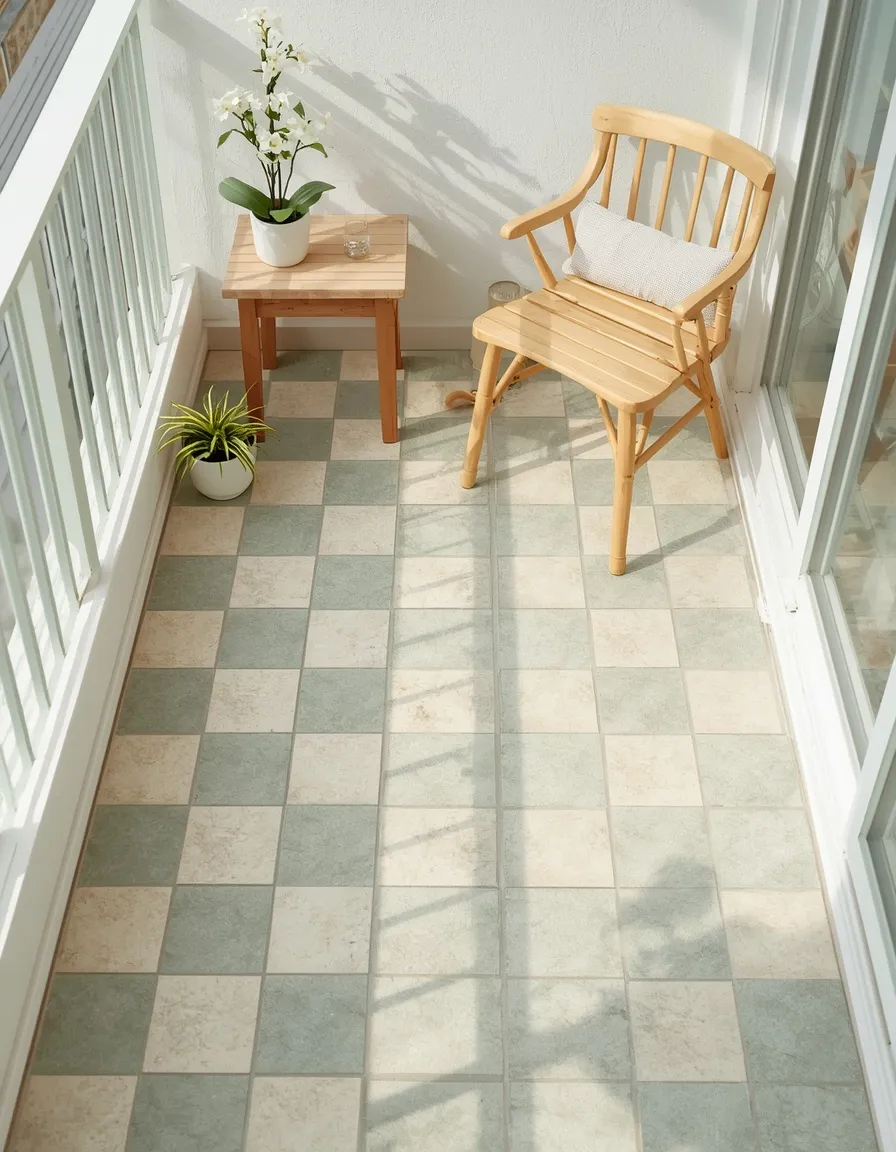 Checkerboard balcony floor with spring plants