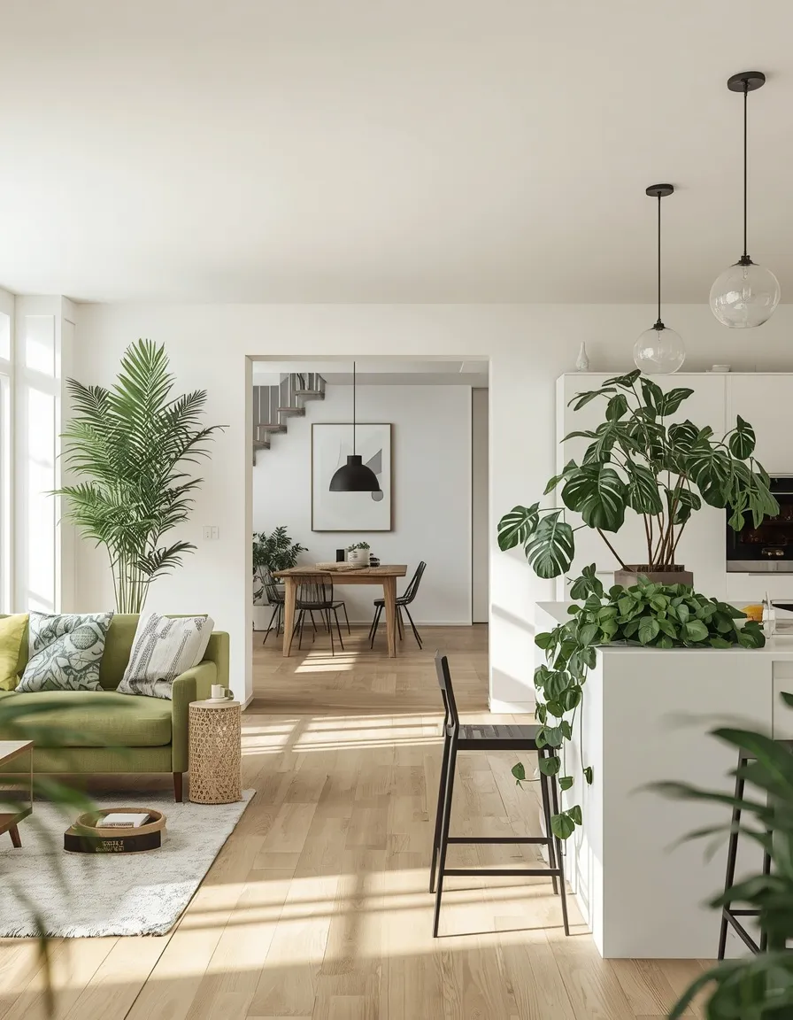 Greenery flowing between open concept zones