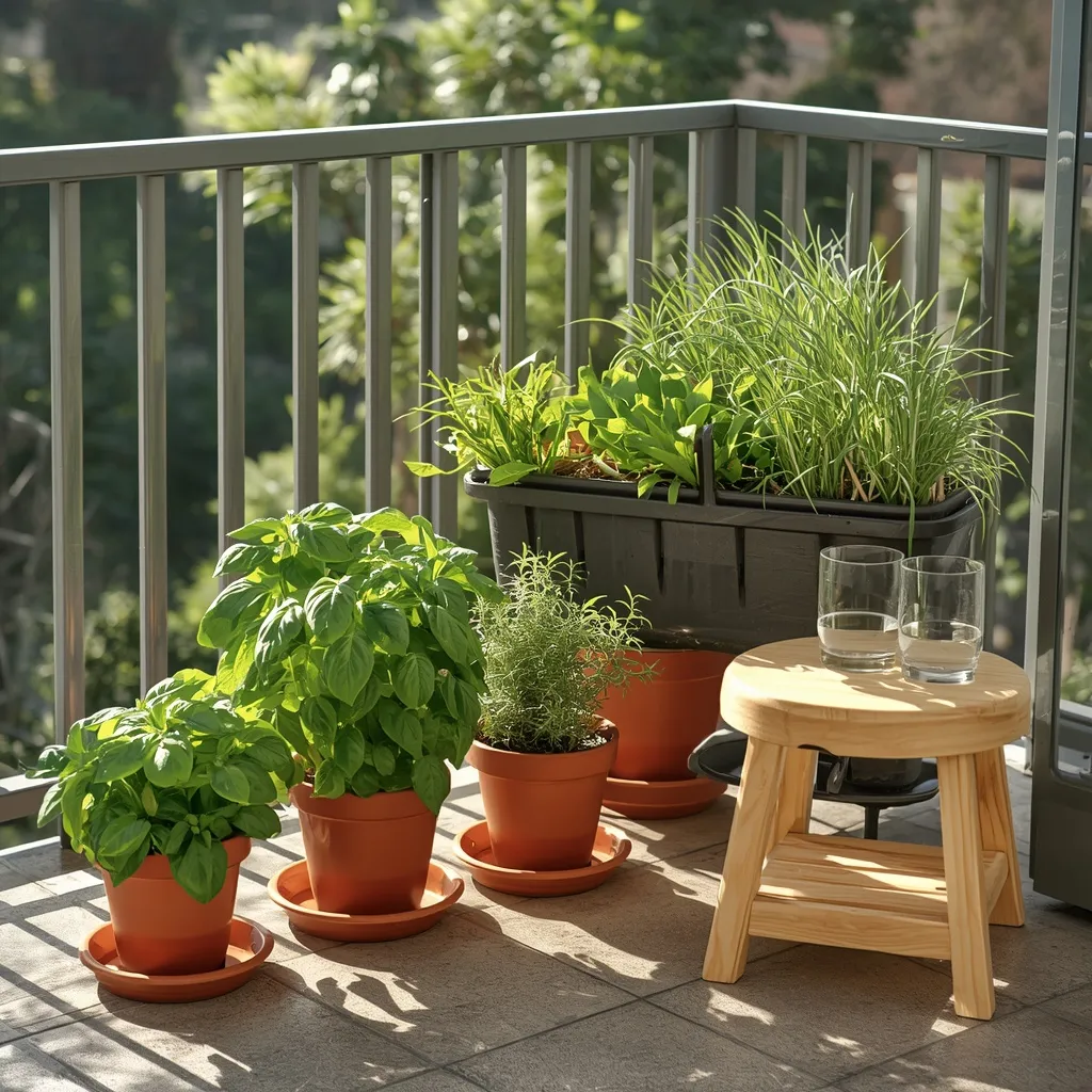 Herb garden on a sunny apartment balcony