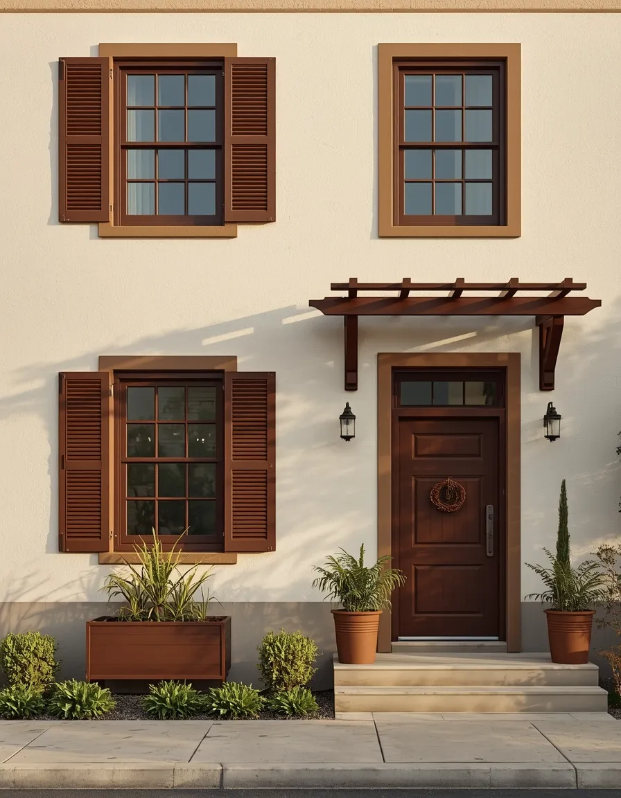 Pale house with brown window frames