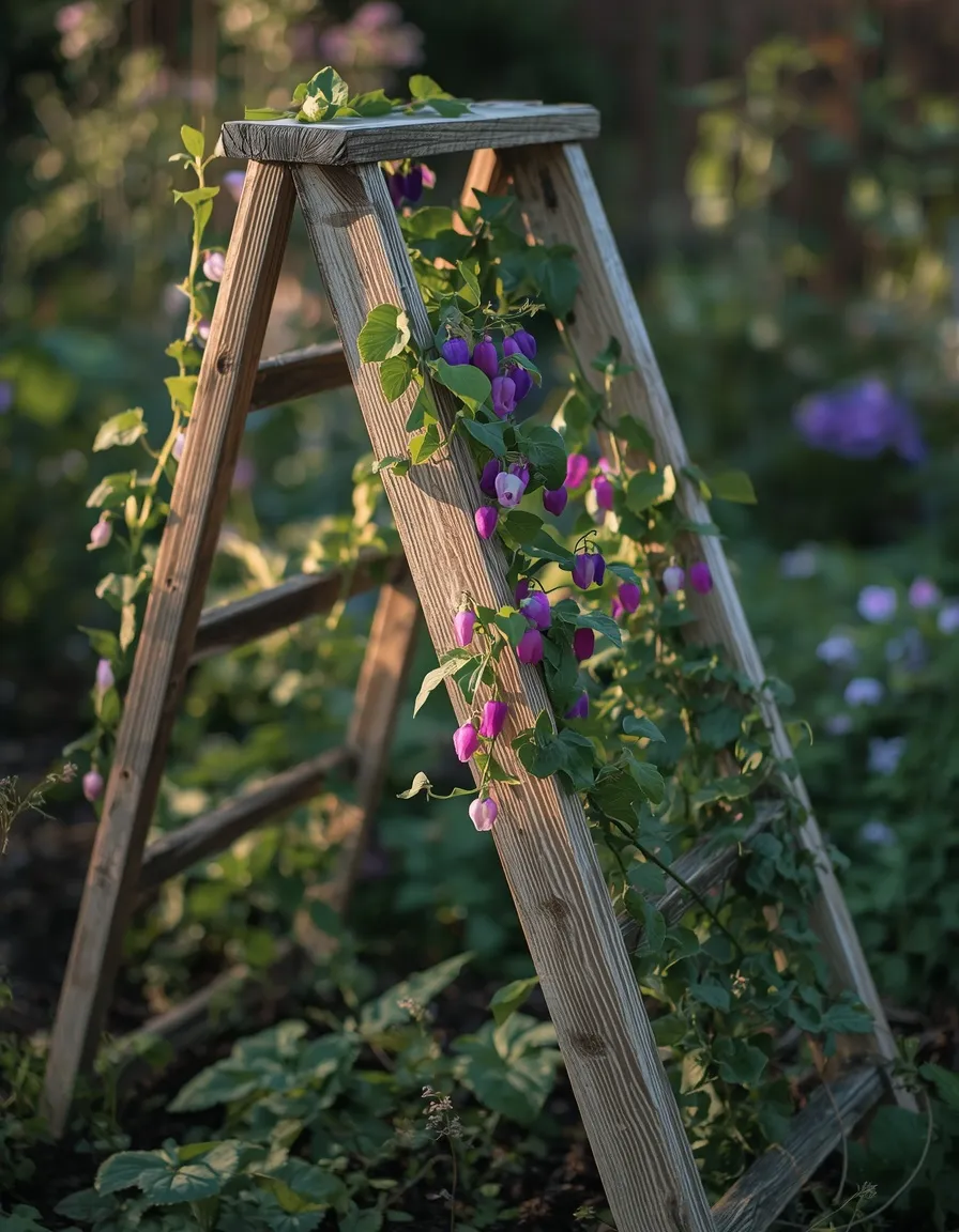 Repurposed ladder flower rack idea