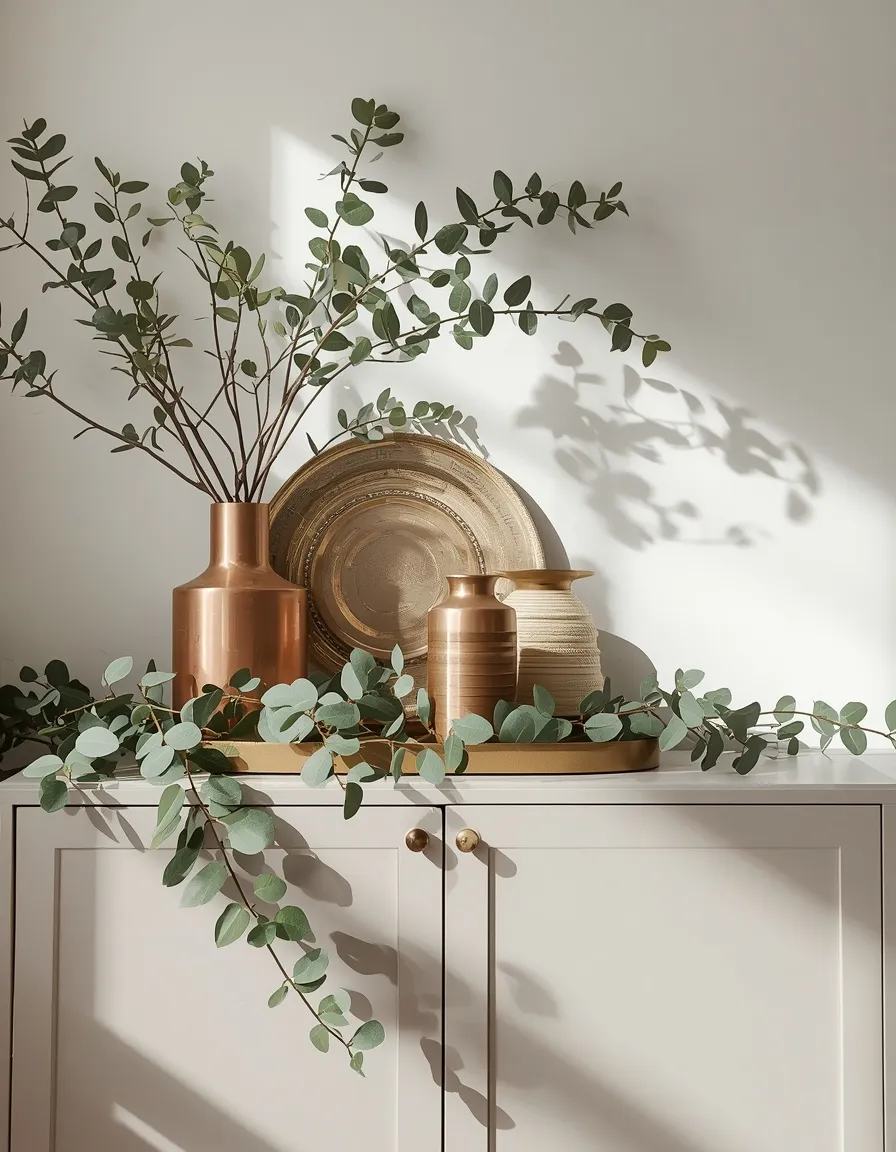 Warm metallic decor above cabinets