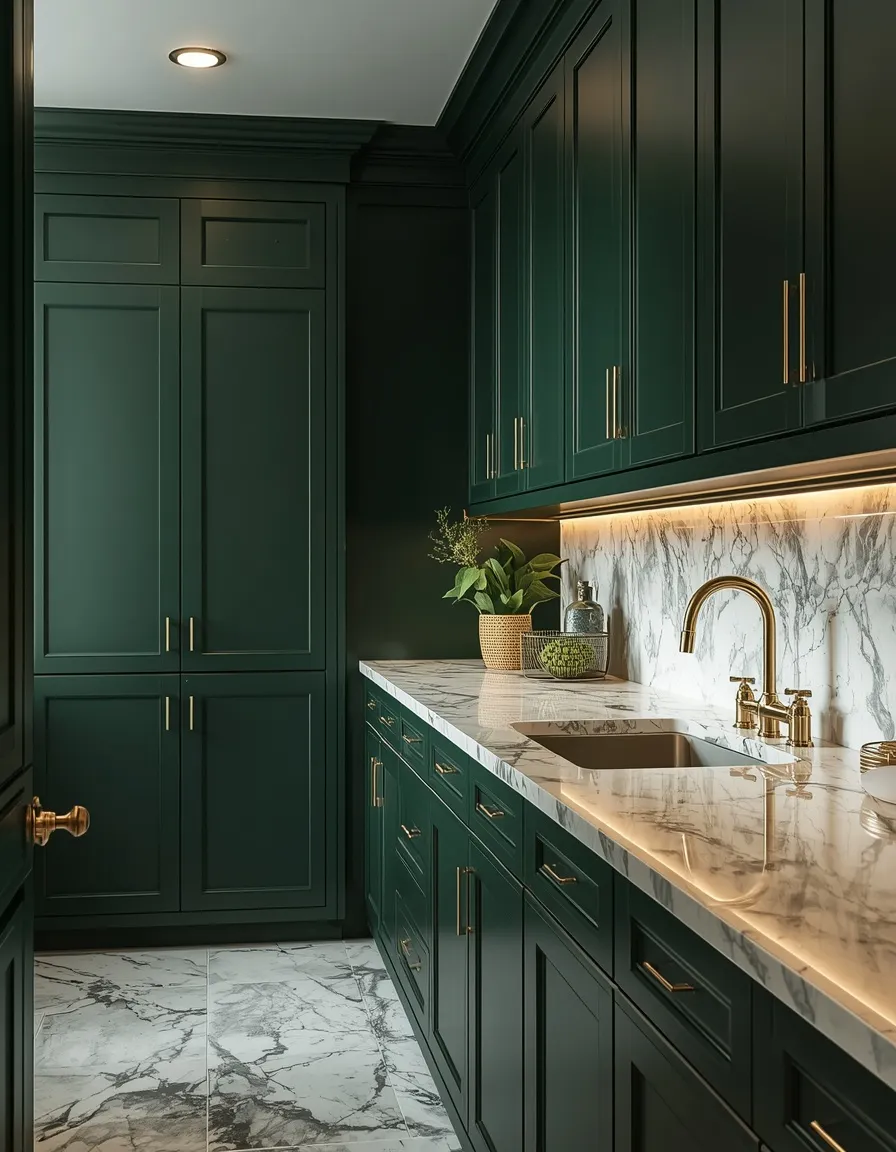 Emerald green and marble laundry room