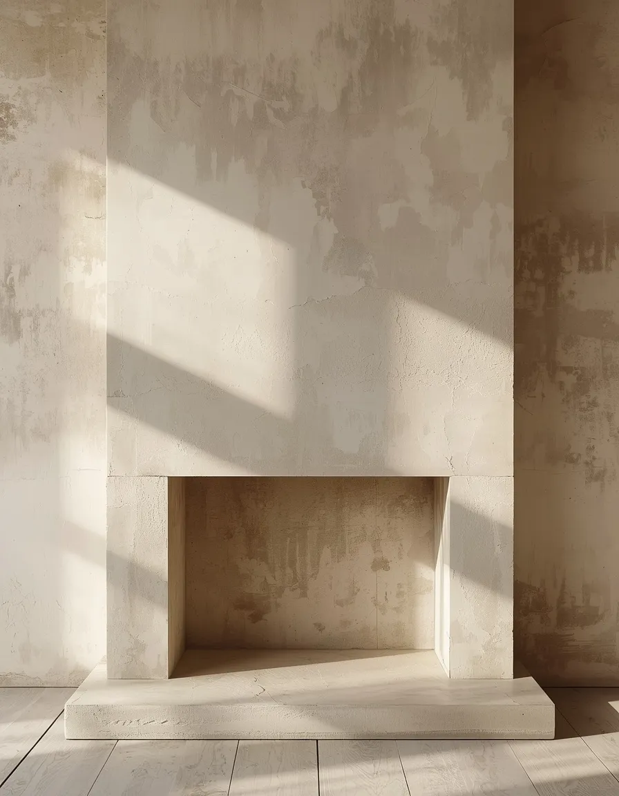 Limewashed plaster two story fireplace
