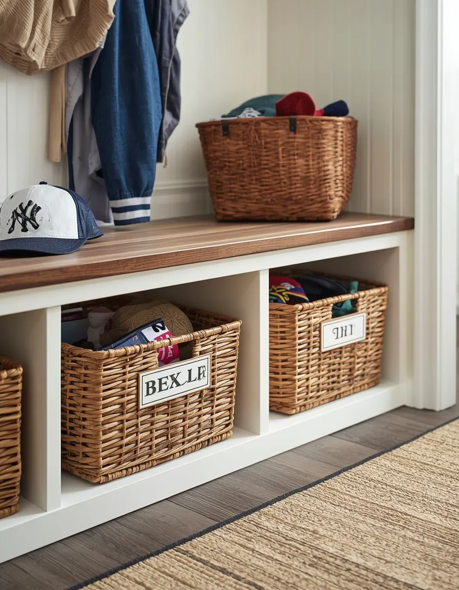 Mudroom bench with basket storage