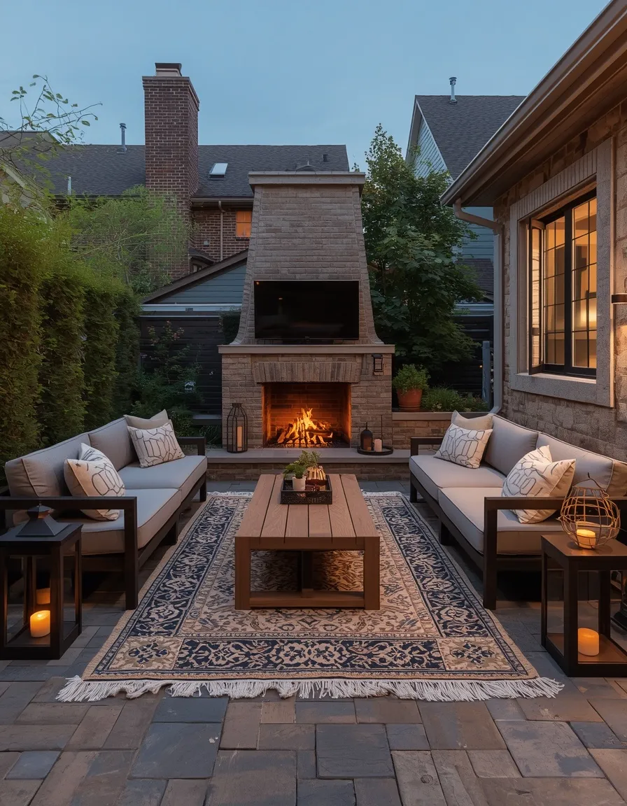 Outdoor living room with rug and fire