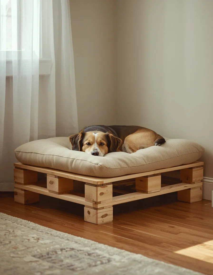 Raised pallet pet bed with cushion