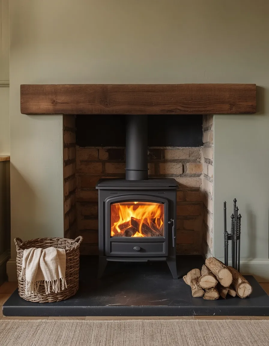 Sage cottage fireplace with woodburner