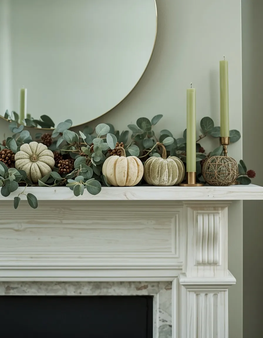 Sage green autumn mantel decor