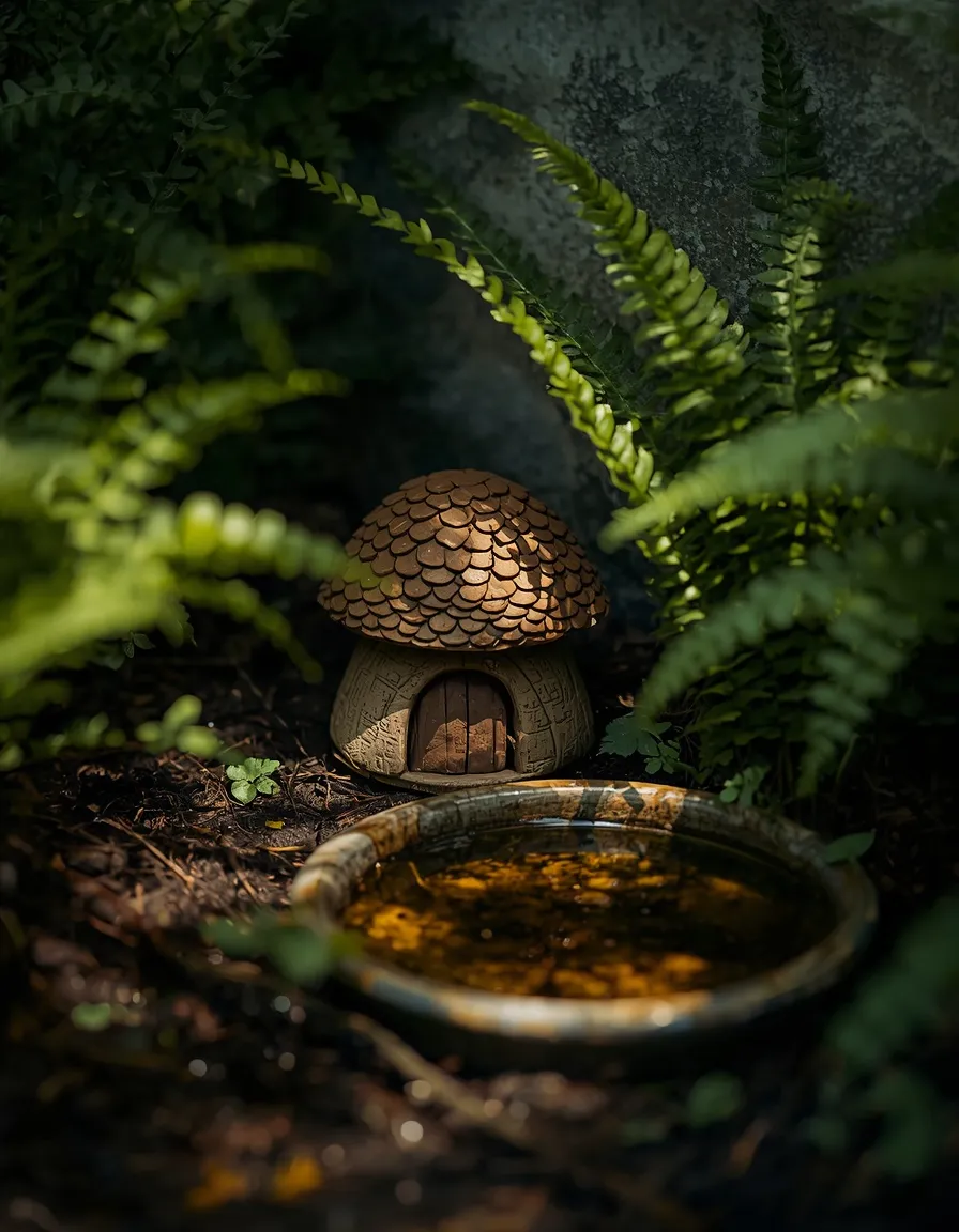 Toad house in a shaded witchy garden corner