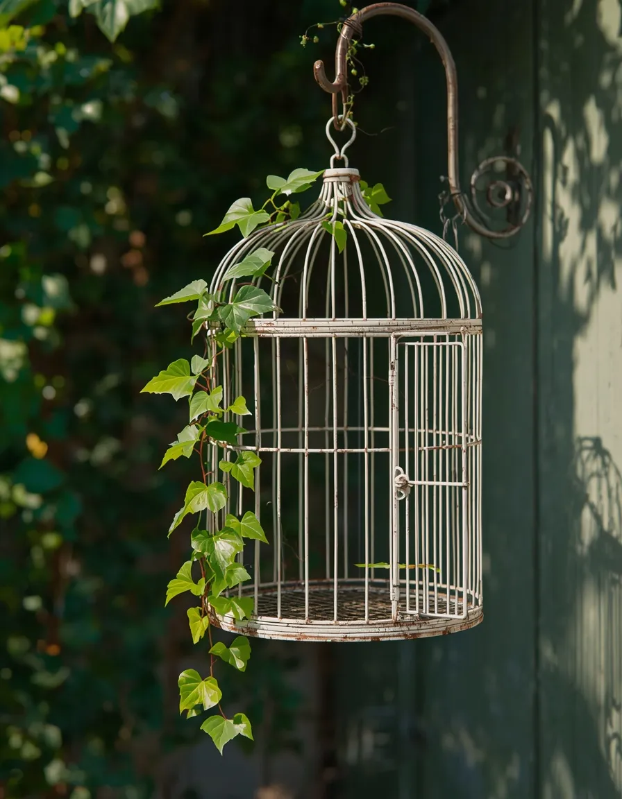 Vintage birdcage planter with trailing ivy