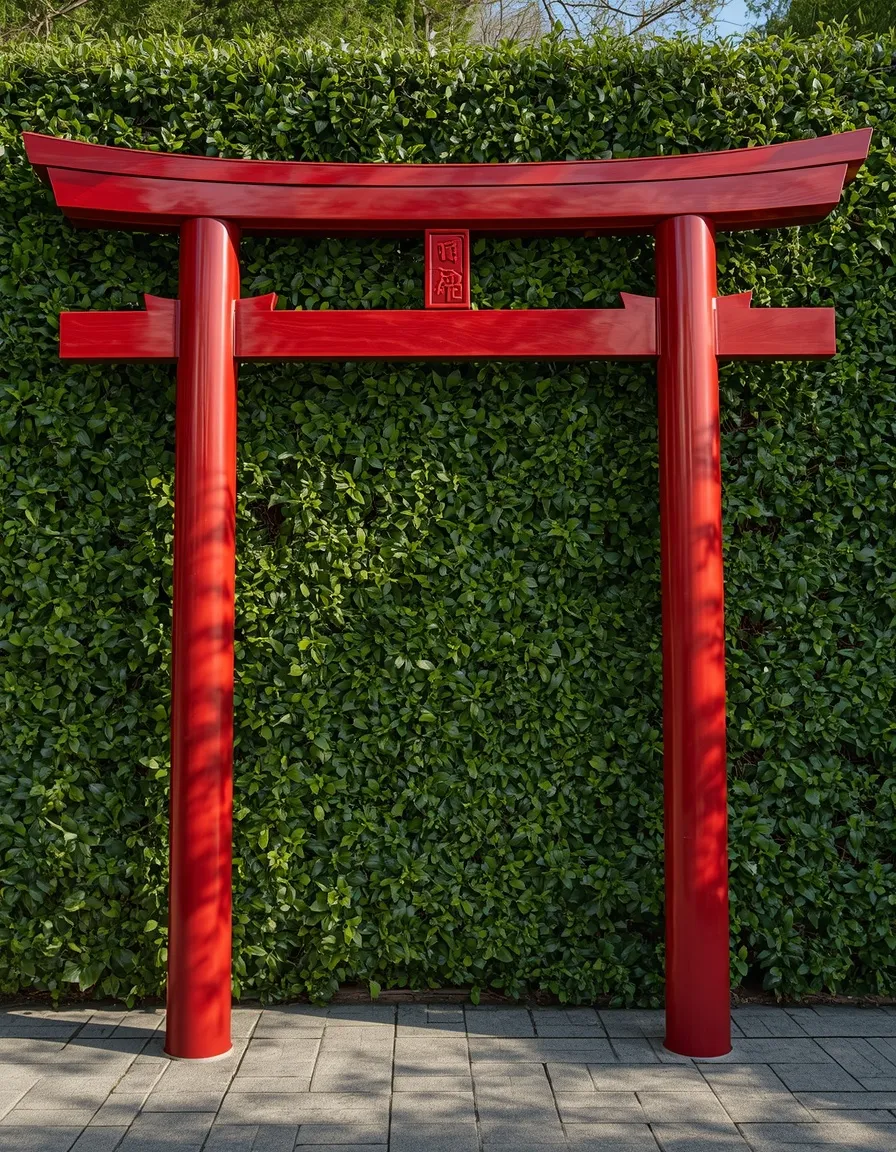 Bold red painted moon gate garden
