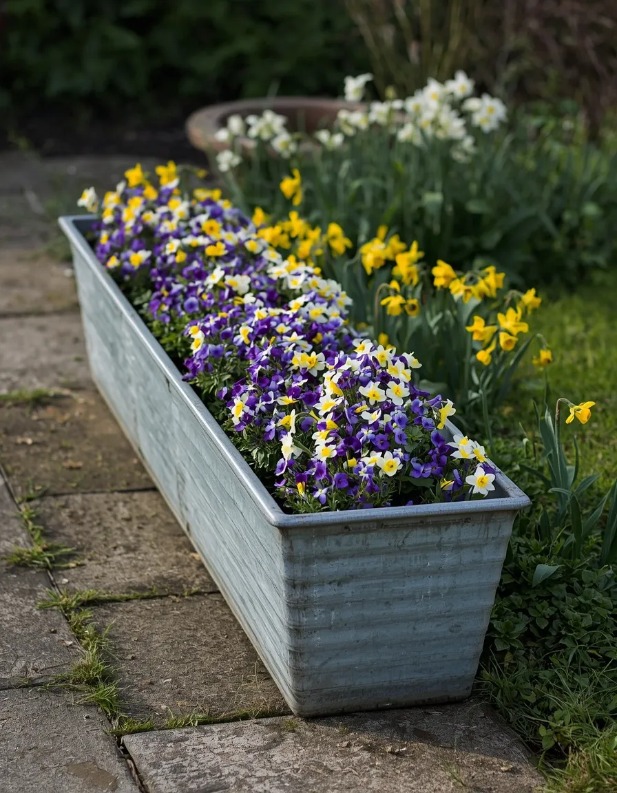 Galvanized trough planter with spring flowers