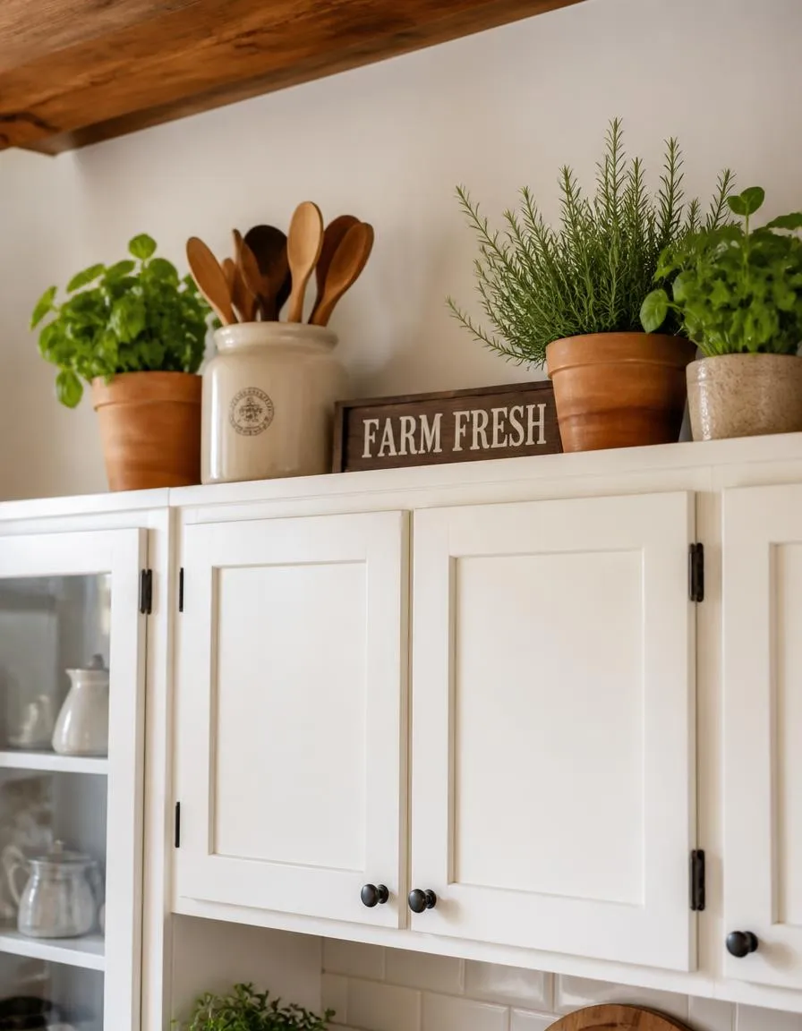 Herb-themed decor above kitchen cabinets
