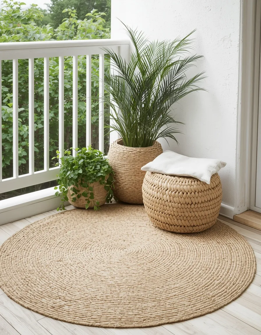 Jute rug and rattan on a spring balcony floor