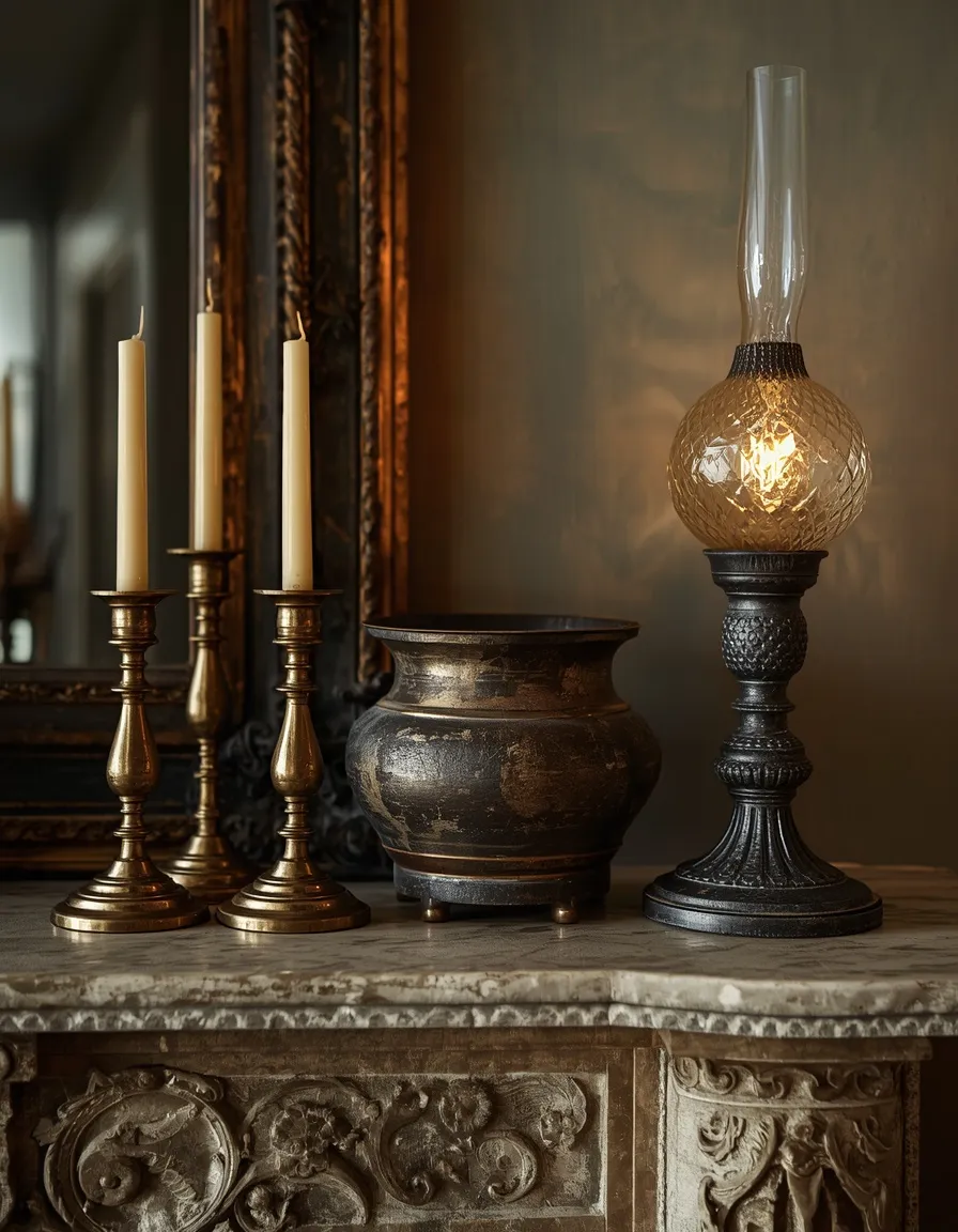 Aged brass and copper patina accents