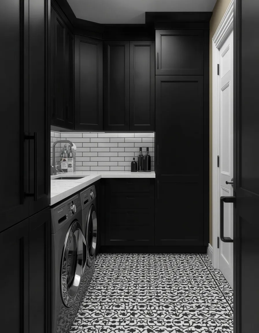 Black and white moody laundry room