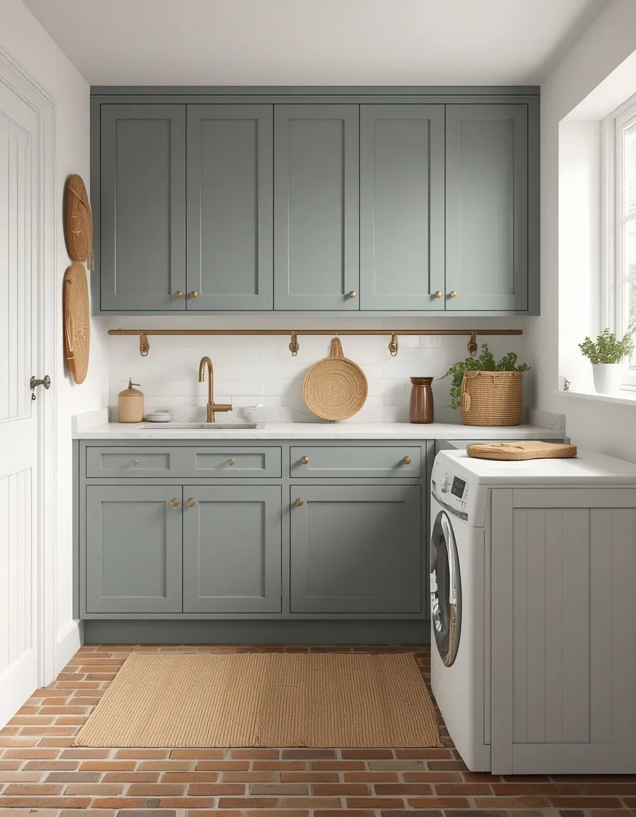 Blue cabinets brick floor laundry room