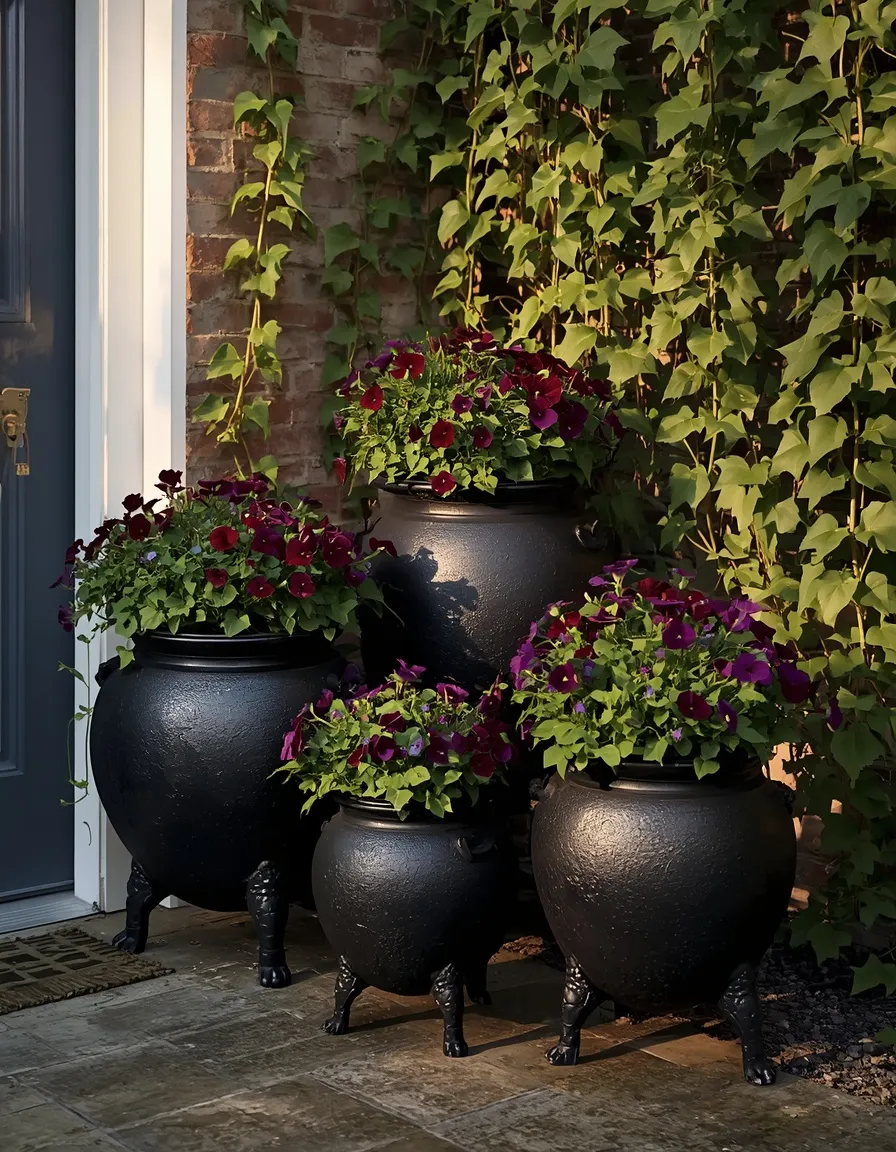 Cauldron planters with trailing ivy outdoors