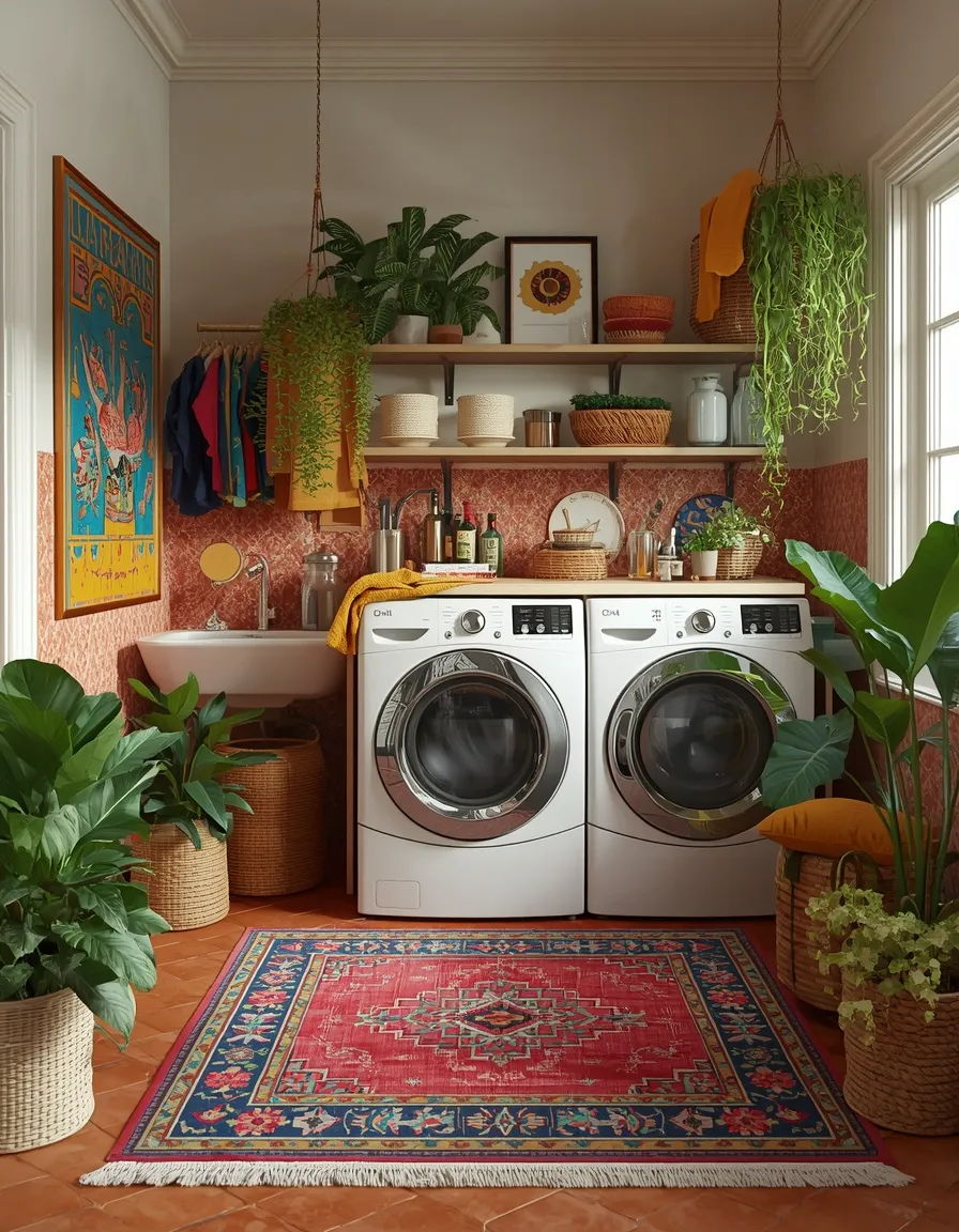 Colorful eclectic boho laundry room
