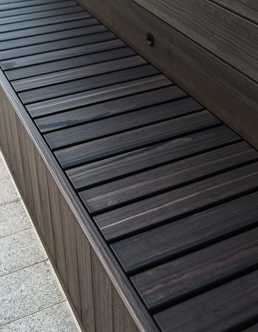 Modern slatted built-in deck bench