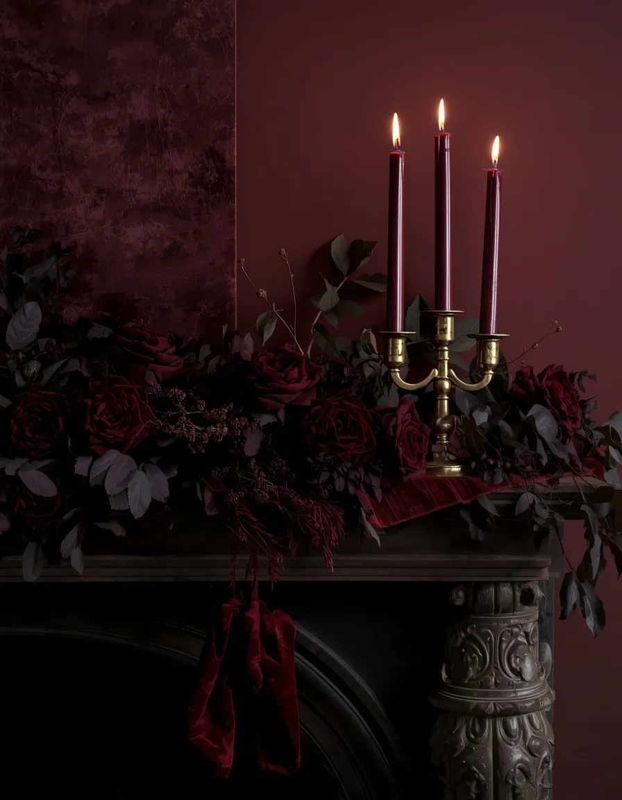 Moody dark burgundy fall mantel