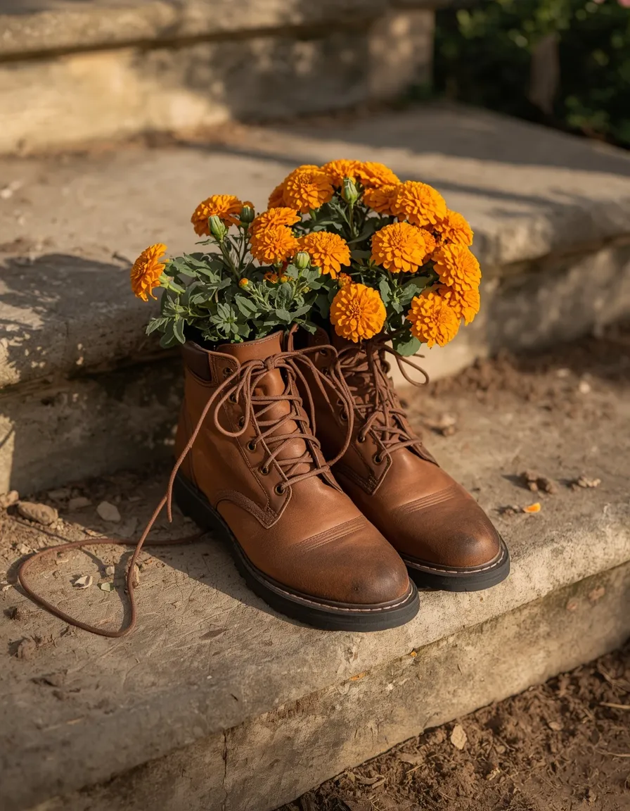 Old work boots planted with marigolds