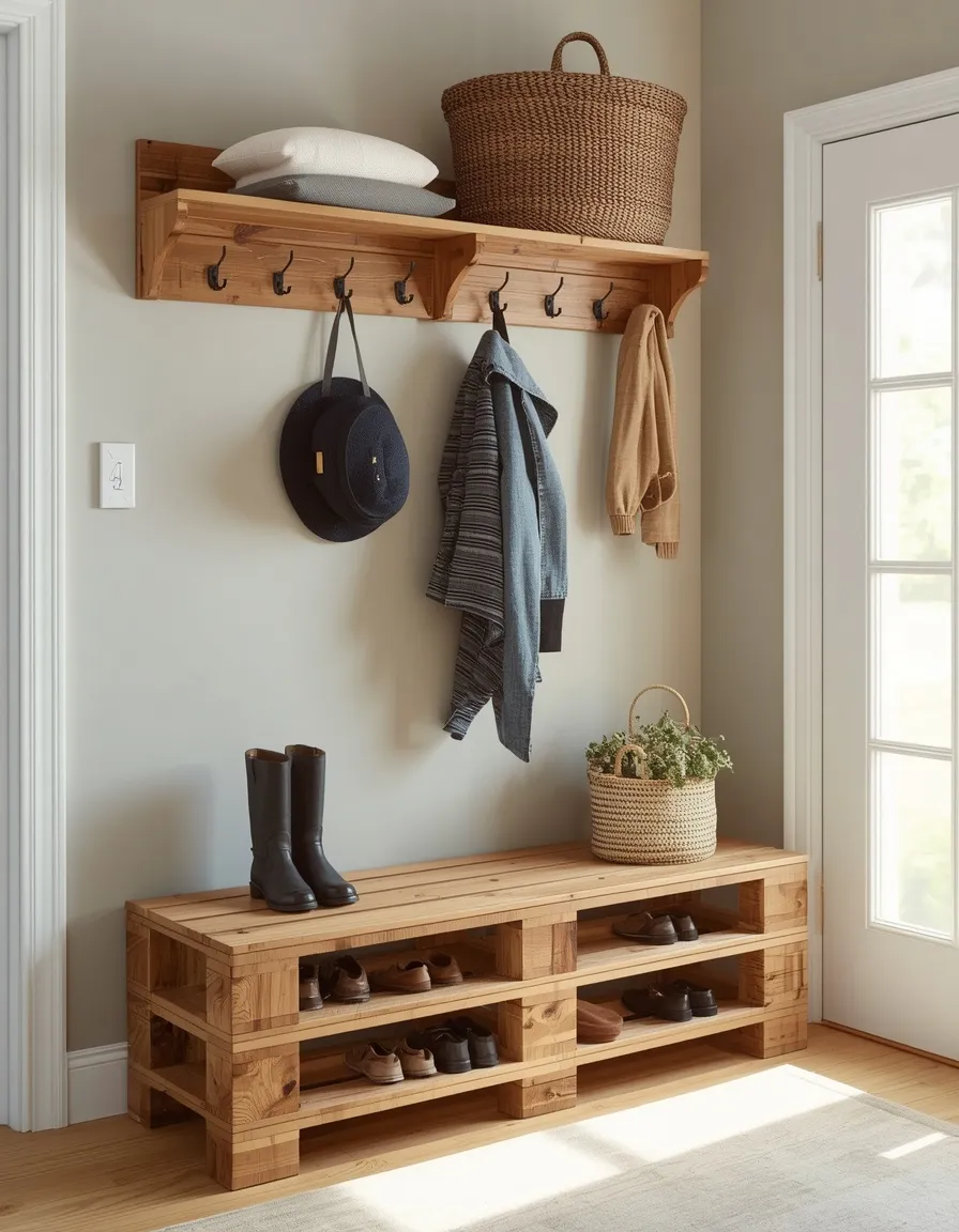 Pallet entryway bench and coat rack