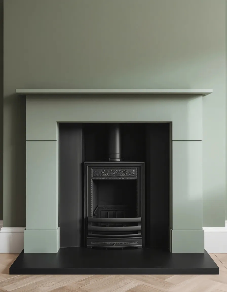 Sage green and black modern fireplace